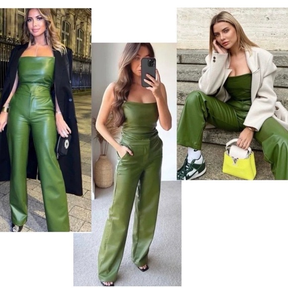 Zara Green high-rise faux leather pleather straight bootcut pants vegan XS - Picture 2 of 16